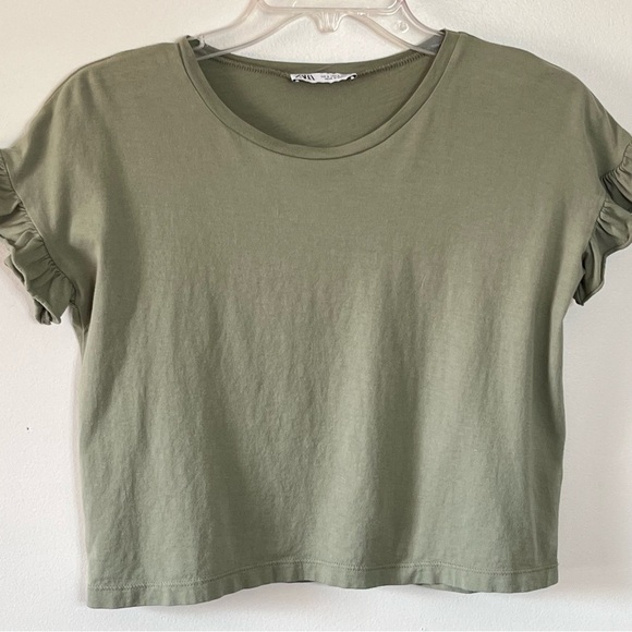 Zara Short Sleeve Ruffle Washed Green Top Small - Picture 6 of 13